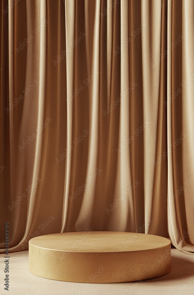 Luxurious 3D Rendered Podium with Soft Gold Curtains for a Regal and Elegant Appeal Luxurious 3D Rendered Podium with Soft Gold Curtains for a Regal and Elegant Appeal