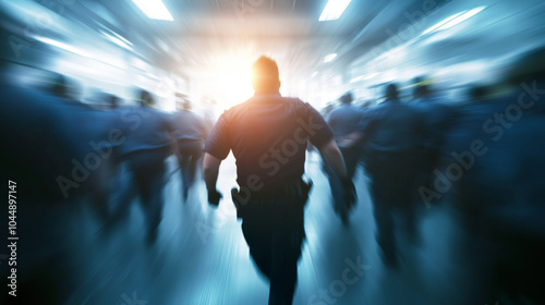 police officer runs through busy police station, surrounded by fellow officers in motion. scene conveys urgency and action in bustling environment photo