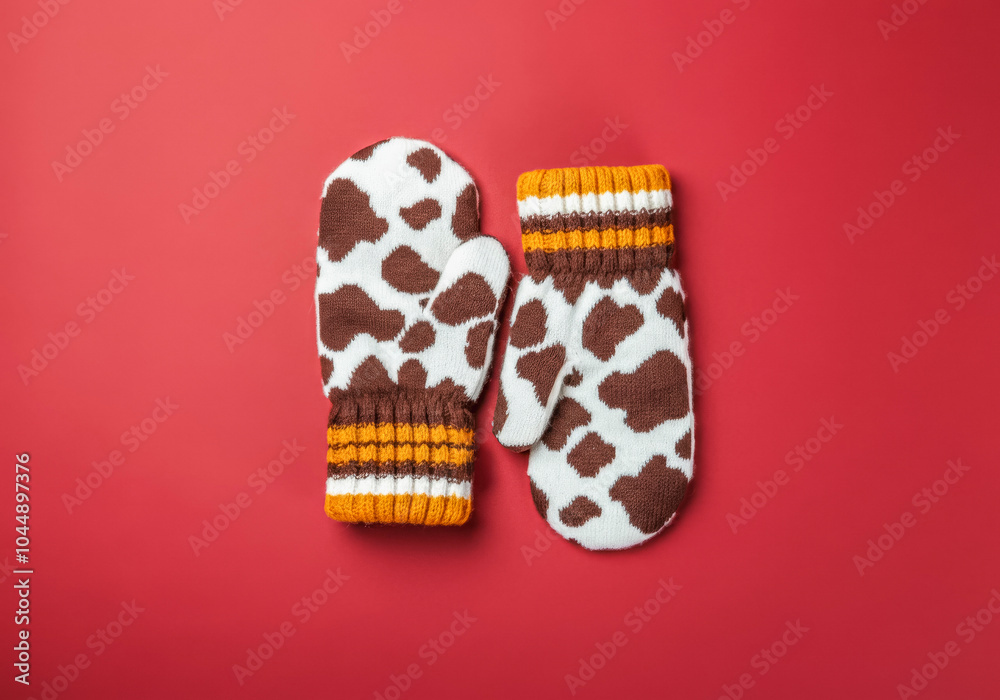 Cozy winter mittens with cow print design on vibrant red background Cozy winter mittens with cow print design on vibrant red background