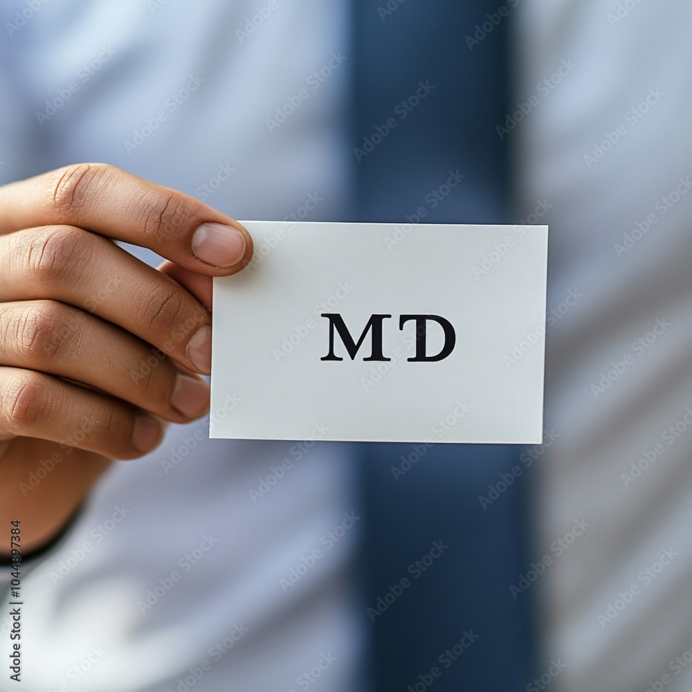 Hand Holding a Card with MD Written on It