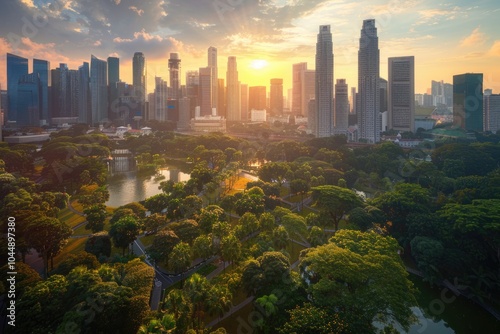 A city skyline with a lake in the foreground, great for travel or urban planning images