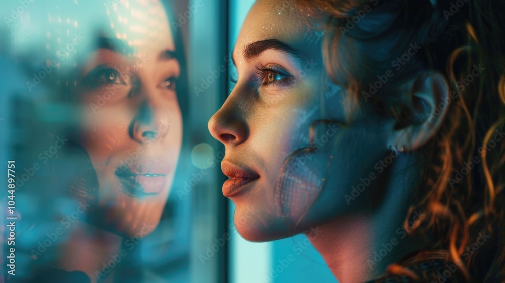 A woman looks at her own reflection in a mirror A woman looks at her own reflection in a mirror