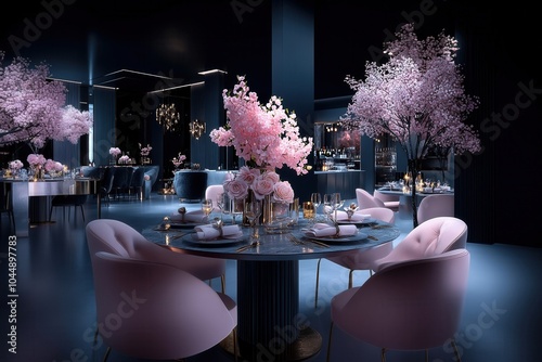 uxurious dining area with pink chairs, elegant floral centerpiece, dark modern interior, featuring ambient lighting and chic decor for a cozy and refined dining experience photo