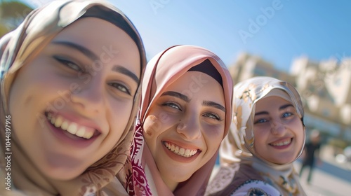 Three young women in headscarves smile brightly for a selfie.