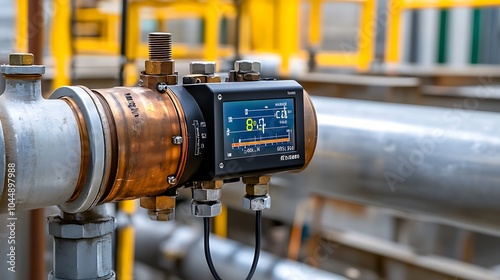 A detailed view of a digital pressure sensor attached to a metal pipe in an industrial setting. The sensor’s display shows real-time pressure readings in PSI