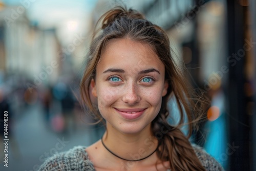 A woman with bright blue eyes smiles directly at the camera, capturing a moment of joy and warmth