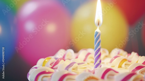 Birthday cake with candle and colorful balloons on background. Celebrate happy party with sweet dessert, decoration, and shiny candles burning. Holiday fun with glowing flame, glitter.