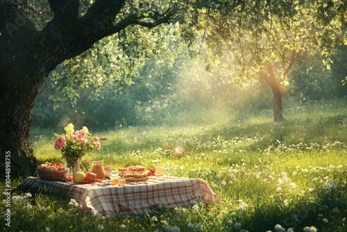 A classic wooden picnic table standing alone in a green open field, perfect for outdoor gatherings and picnics photo