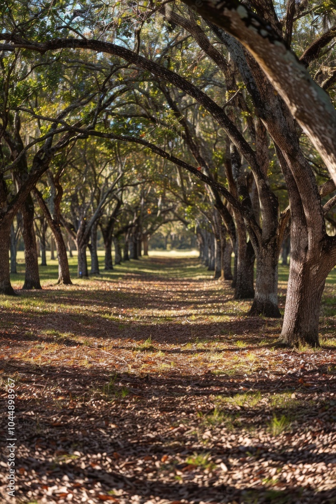 Naklejka premium A scenic park scene with many trees and leaves scattered on the ground