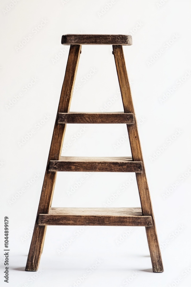 A simple wooden step stool sits on a clean white background A simple wooden step stool sits on a clean white background