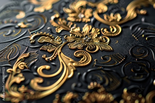 Close up shot of intricate black and gold design, suitable for use in product packaging, branding or decoration