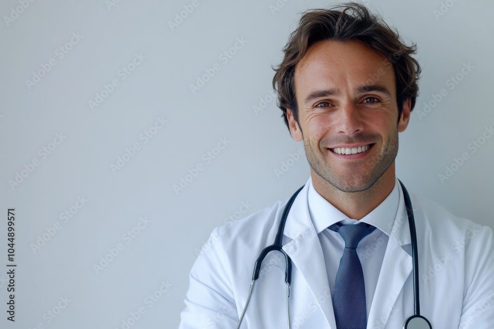 Man doctor in white coat smile on white isolated background looks into camera, copy space, space for text, health Man doctor in white coat smile on white isolated background looks into camera, copy space, space for text, health