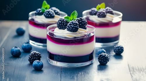 Elegant layered jelly dessert with blackberries and cream, topped with fresh mint, sweet treat served in a glass. Gourmet trendy dessert