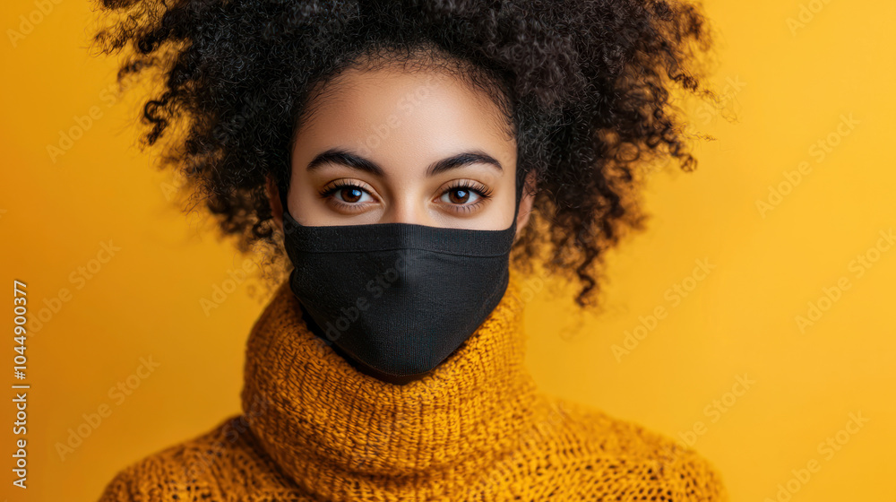 Beautiful african american woman in black face mask looking at camera on yellow background. Pandemic safety, coronavirus prevention, young adult female portrait during epidemic quarantine. Beautiful african american woman in black face mask looking at camera on yellow background. Pandemic safety, coronavirus prevention, young adult female portrait during epidemic quarantine.