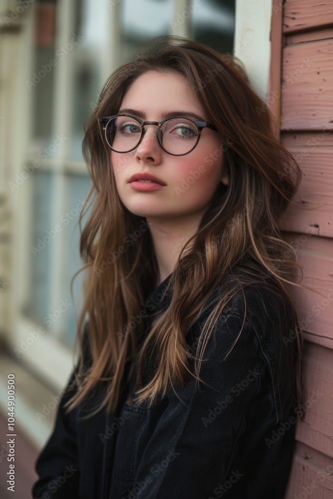 A woman wearing glasses leans against a wall, possibly waiting or observing something A woman wearing glasses leans against a wall, possibly waiting or observing something