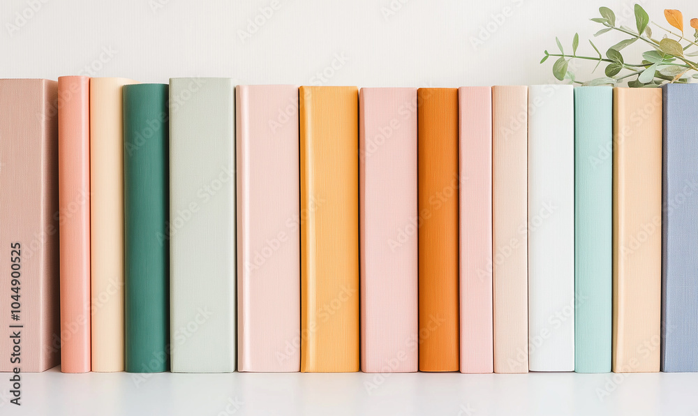 Row of colorful books on a white shelf Row of colorful books on a white shelf