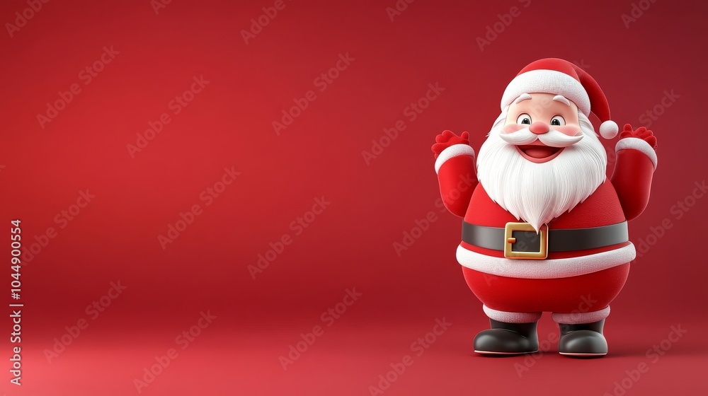 A red background with a cartoonish Santa Claus standing in the foreground A red background with a cartoonish Santa Claus standing in the foreground