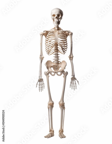 Full body human skeleton isolated on white background,  a detailed educational representation showcasing skeletal structure, highlighting bones and muscles, ideal for anatomy studies and demonstration