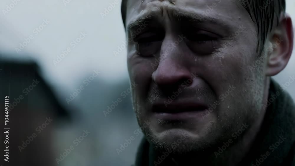 a close-up of a man face crying sad in the rain wet drama dimmed and cold overcast day a close-up of a man face crying sad in the rain wet drama dimmed and cold overcast day