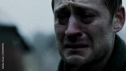 a close-up of a man face crying sad in the rain wet drama dimmed and cold overcast day