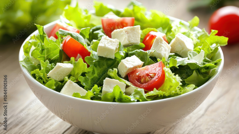 Fresh salad with feta cheese and cherry tomatoes in bowl wooden background. Healthy mediterranean appetizer with lettuce, olive oil diet lunch, closeup rustic vegetarian meal Fresh salad with feta cheese and cherry tomatoes in bowl wooden background. Healthy mediterranean appetizer with lettuce, olive oil diet lunch, closeup rustic vegetarian meal