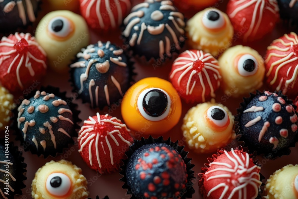 Fototapeta premium A close-up shot of colorful cupcakes designed to look like they have eyes, perfect for a whimsical or playful context