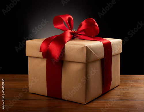 Paquete de regalo de navidad o cumpleaños con un lazo rojo sobre fondo negro
