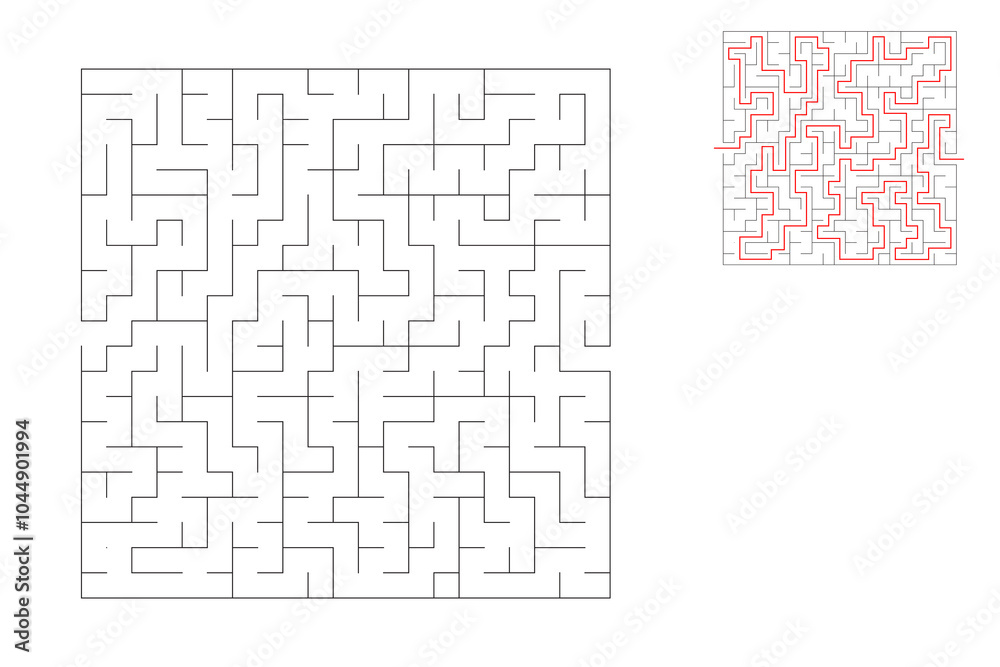 The square maze has an entrance and an exit. Maze with the answer, the path of passage. The square maze has an entrance and an exit. Maze with the answer, the path of passage.