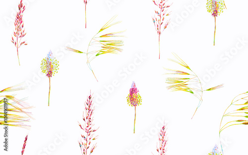 Grass Seamless Watercolor Pattern. Summer Grass Motif. Vintage Garden Wallpapaer.. Abstract Floral Illustration. Botanical Meadow Border. Plantago and Apera Dried Wild Plants. Crimson Red photo