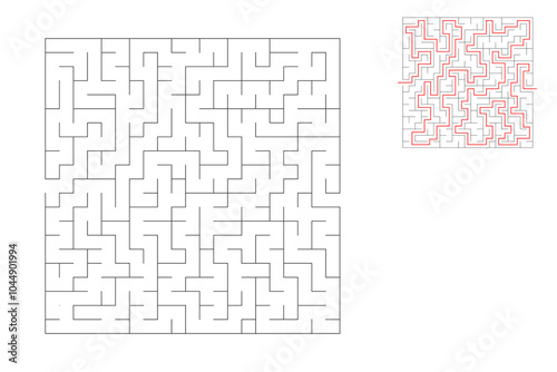 The square maze has an entrance and an exit. Maze with the answer, the path of passage.