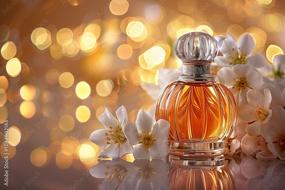 Elegant Perfume Bottle with Blossoming White Flowers and Warm Bokeh Background Elegant Perfume Bottle with Blossoming White Flowers and Warm Bokeh Background