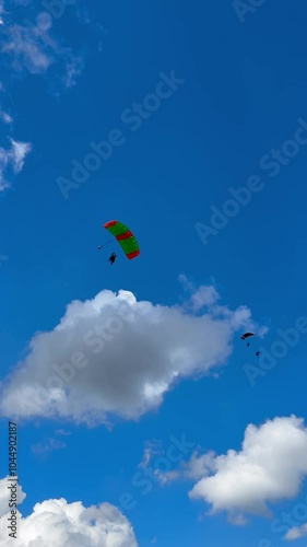 Parachutists fly on background of a blue sky with clouds. Parachutists are paragliding. Skydiving in clear weather. Single, Self jumps. Extreme sport. Tandem jumping. 