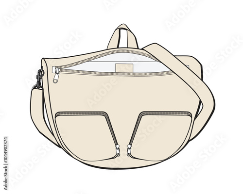Crossbody messenger bag flat drawing vector mockup template.