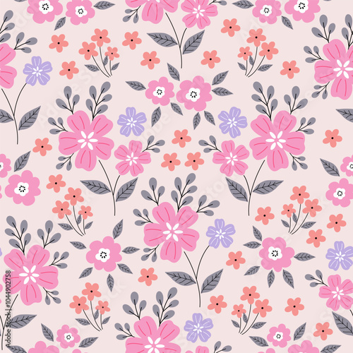 Wallpaper Mural Seamless pattern with pink flower blossom garden. Cute hand drawn floral pattern for your fabric, summer background, wallpaper, backdrop, textile.	 Torontodigital.ca