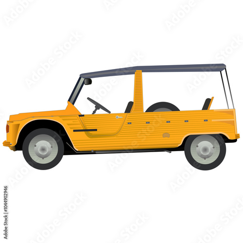 Véhicule de collection, de couleur jaune, de profil

