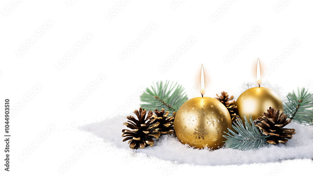 Golden Christmas ornaments with pine cones and fir branches arranged on snow, creating a festive decoration, isolated on background Golden Christmas ornaments with pine cones and fir branches arranged on snow, creating a festive decoration, isolated on background