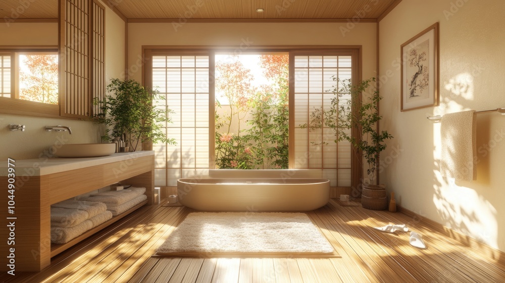 Fototapeta premium A bathroom with a modern tub, sink, and window