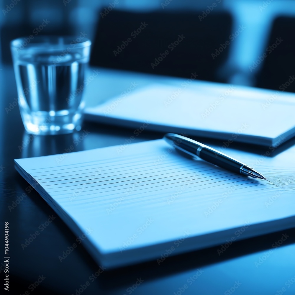 A pen, a notebook, and a glass of plain water make up this minimalist workspace.
A pen, a notebook, and a glass of plain water make up this minimalist workspace.