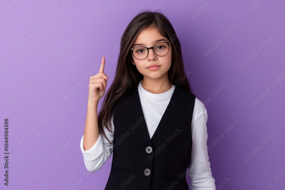 A young girl wearing glasses points her finger upwards A young girl wearing glasses points her finger upwards