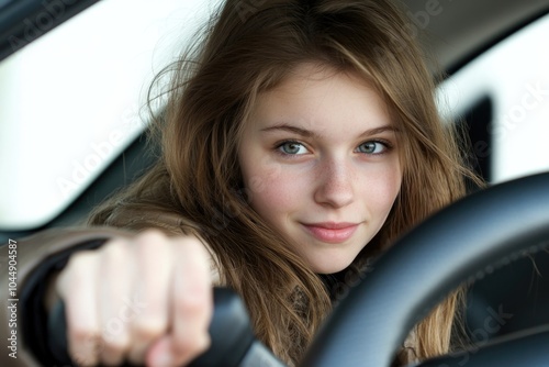 A young woman holding the steering wheel while driving a car, focused on the road photo