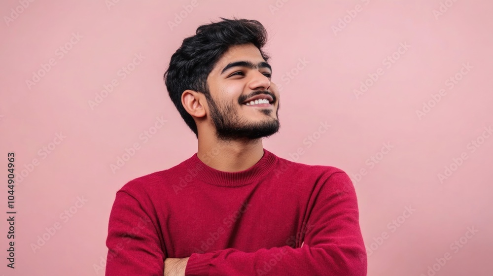 Obraz premium A person wearing a bright red sweater smiling and crossing their arms, suitable for illustrations on topics of positivity, warmth, or casual gatherings
