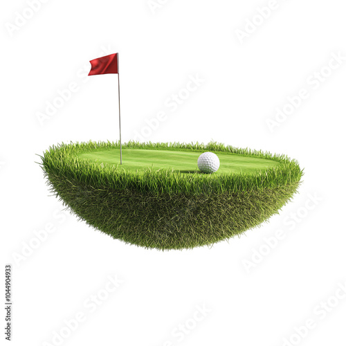A golf ball and a red flag sitting on an isolated hemisphere golf grass ground in isolated background
