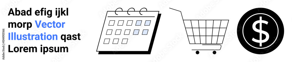 Black and white icons of a calendar, a shopping cart, and a dollar sign alongside text elements in black and blue. Ideal for e-commerce, finance, scheduling, marketing, and business themes. Banner Black and white icons of a calendar, a shopping cart, and a dollar sign alongside text elements in black and blue. Ideal for e-commerce, finance, scheduling, marketing, and business themes. Banner