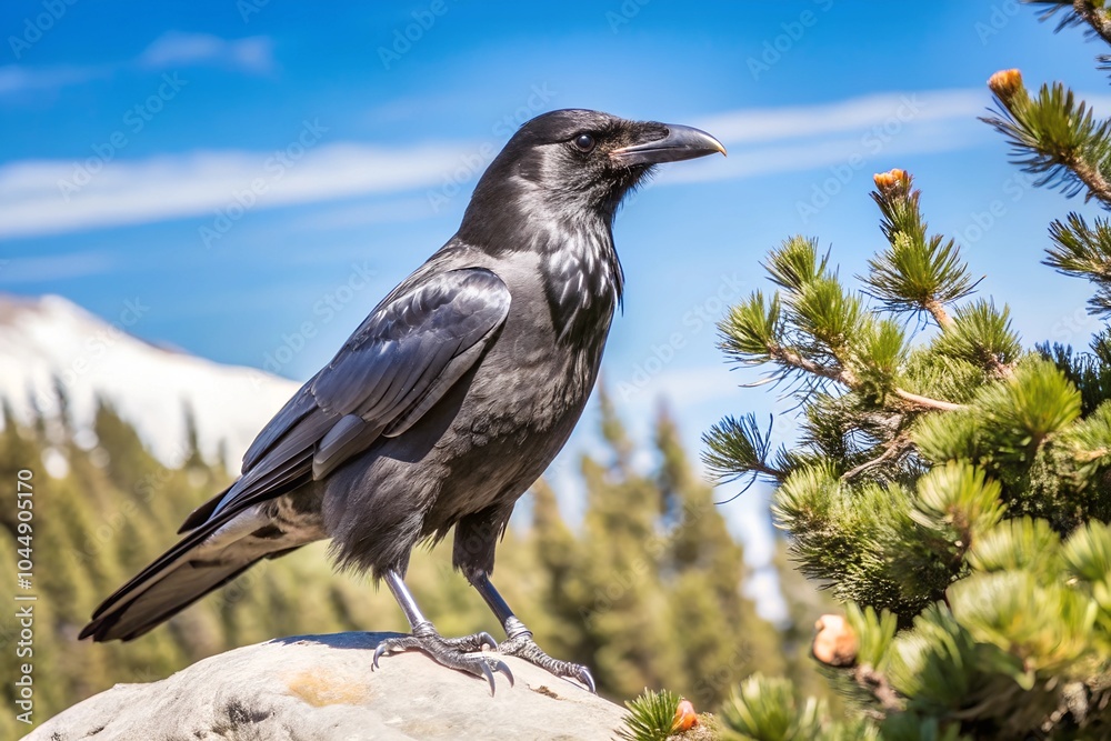 Obraz premium Close up of common raven corvus corax looks over its shoulder while perched on a rock