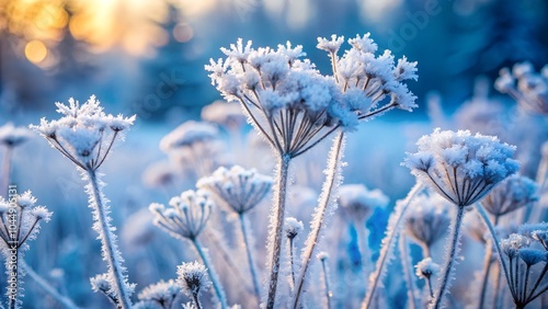 Wild flower on  cold winter day as an ice flower looks like mourning card. Frost hoarfrost Covered Wildflowers in Winter.
