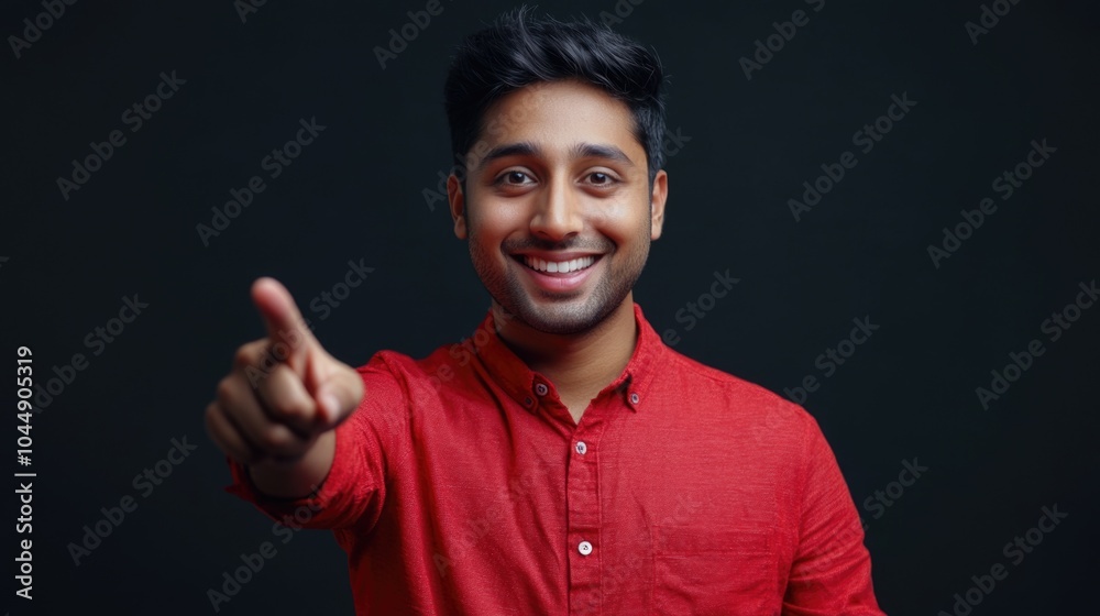 Naklejka premium A man wearing a red shirt points at the camera, looking directly at the viewer