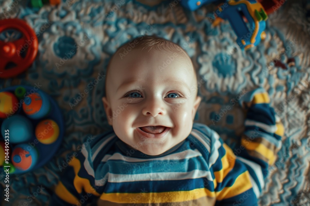 A happy baby smiling while lying down on a soft blanket A happy baby smiling while lying down on a soft blanket
