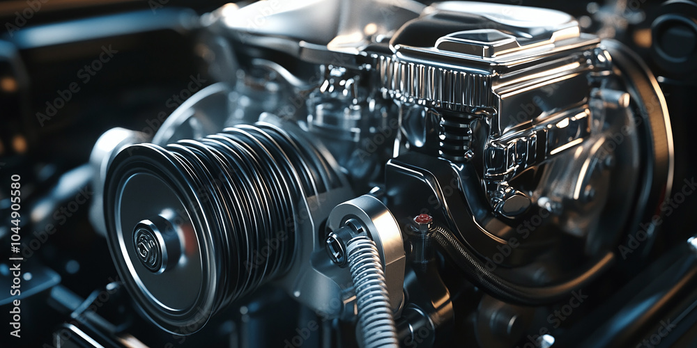 Close-up of a modern car engine, highlighting advanced automotive engineering and high-performance mechanical components. Close-up of a modern car engine, highlighting advanced automotive engineering and high-performance mechanical components.