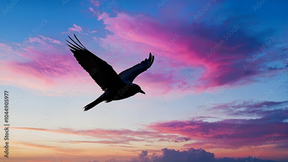 Fototapeta premium Bird flying in colorful sky during sunset, ideal for nature and freedom-themed designs