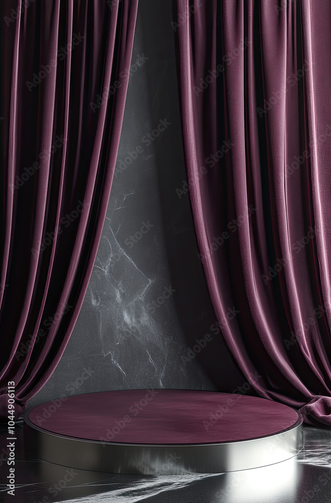Rich and Luxurious 3D Rendered Podium with Deep Burgundy Silk Curtains for a Bold Appeal Rich and Luxurious 3D Rendered Podium with Deep Burgundy Silk Curtains for a Bold Appeal